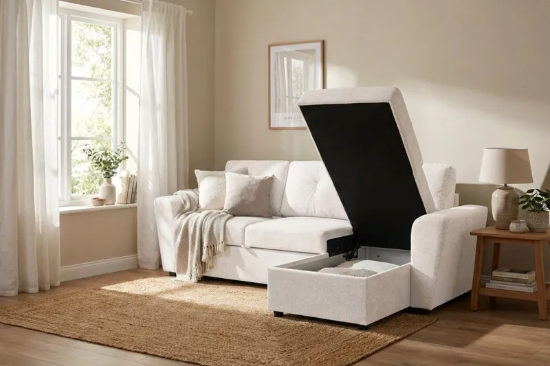 Leia 3-sits vändbar Bäddsoffa med divan och förvaring - Beige - Möbler - Vardagsrum - Bäddsoffor