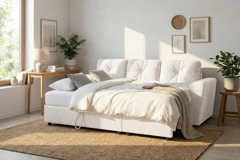 Leia 3-sits vändbar Bäddsoffa med divan och förvaring - Beige - Möbler - Vardagsrum - Bäddsoffor