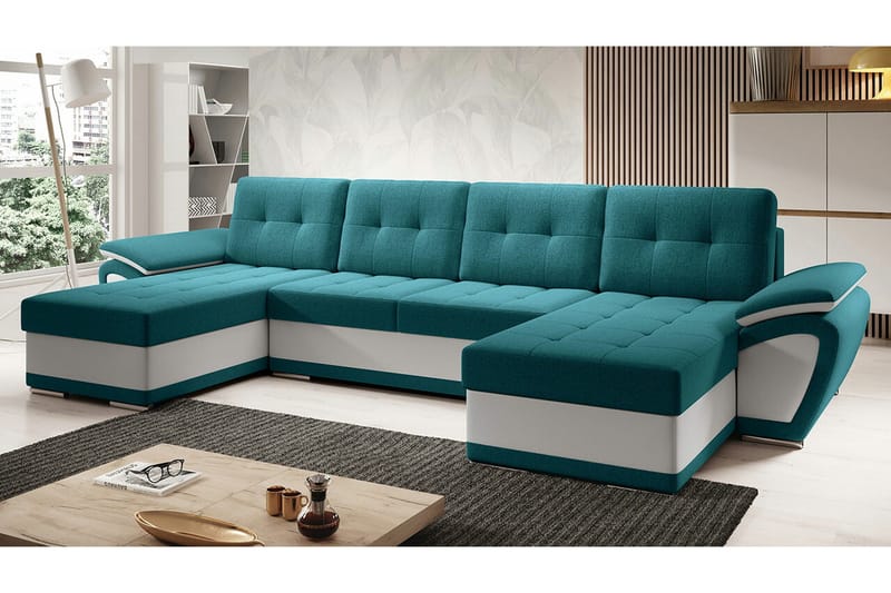 Listowel 4-sits U-formad Hörnbäddsoffa 130x271 cm med Förvaring i Tyg, Petrolblå