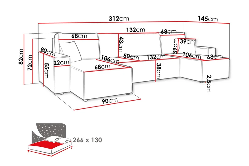 Magston 4-sits Hörnbäddsoffa 130x266 cm med Förvaring i Manchestertyg - Grå - Möbler - Vardagsrum - Bäddsoffor - U bäddsoffa