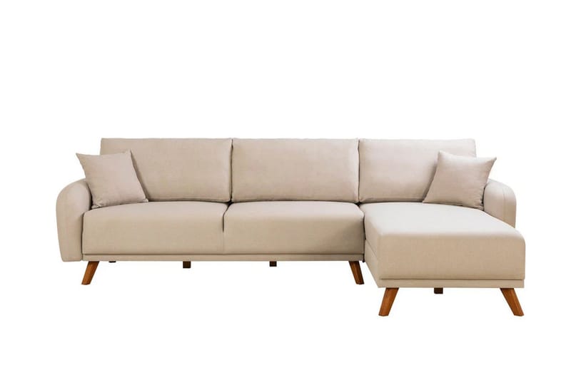 Malkiat 3-sits Höger L-formad Hörnbäddsoffa i Tyg med Träben, Ljusbeige