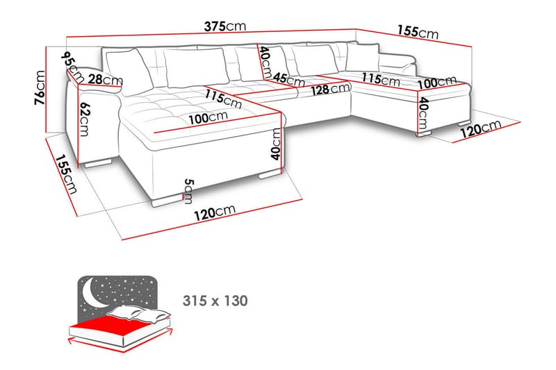 MAURIN Bäddsoffa Dubbeldivan 4-sits 315x130 cm U-formad - Svart - U bäddsoffa - Bäddsoffor