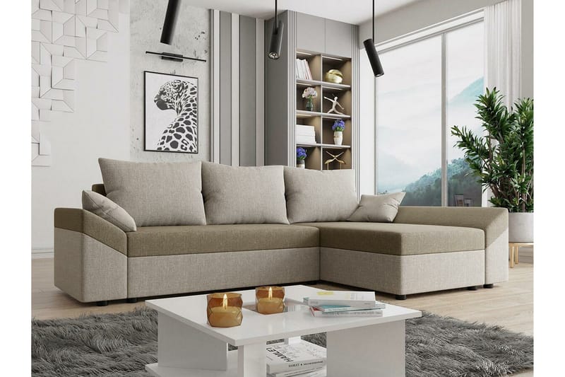 Midfeld 3-sits Höger L-formad Hörnbäddsoffa 130x200 cm med Förvaring i Tyg - Beige - Möbler - Vardagsrum - Bäddsoffor