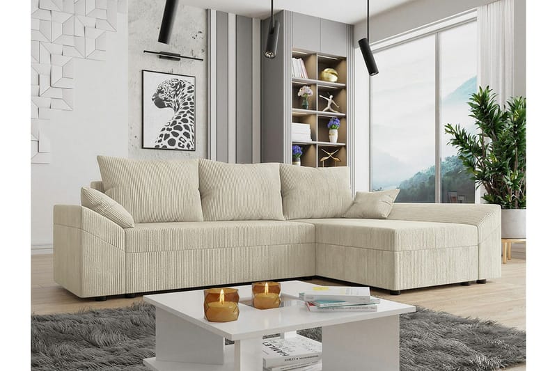 Midfeld 3-sits Hörnbäddsoffa 130x200 cm med Förvaring i Manchestertyg - Beige - Möbler - Vardagsrum - Bäddsoffor