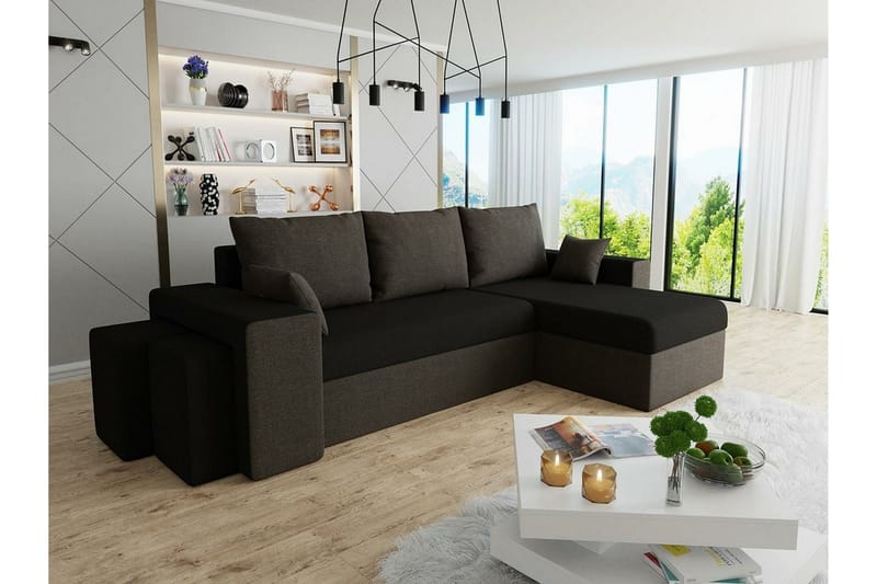 Midfeld 3-sits Hörnbäddsoffa Mörkbrun/Svart - Möbler - Vardagsrum - Bäddsoffor - Hörnbäddsoffa