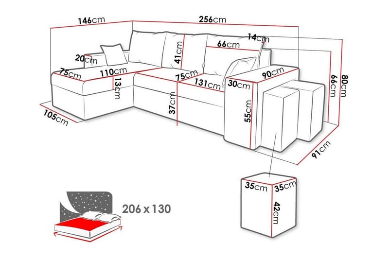 Midfeld 3-sits Hörnbäddsoffa Svart/Röd - Möbler - Vardagsrum - Bäddsoffor - Hörnbäddsoffa