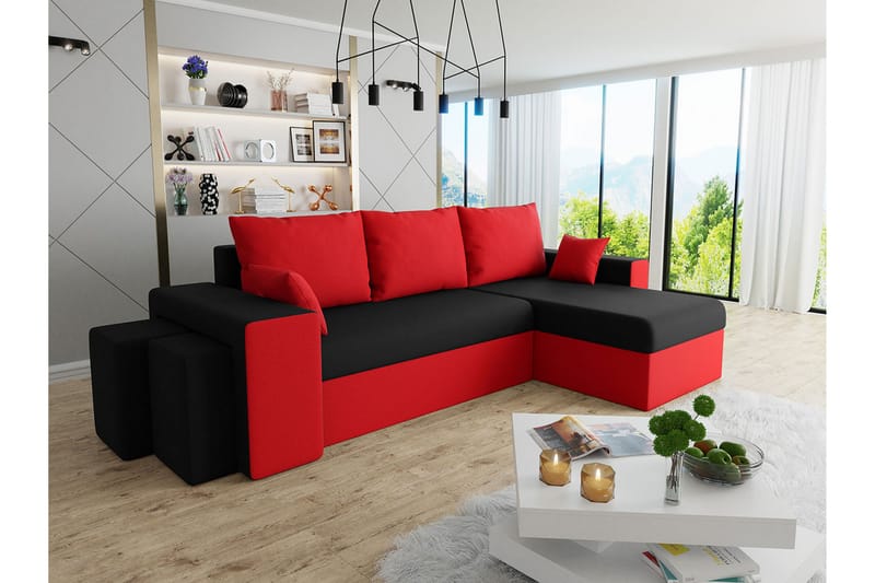 Midfeld 3-sits Hörnbäddsoffa Svart/Röd - Möbler - Vardagsrum - Bäddsoffor - Hörnbäddsoffa