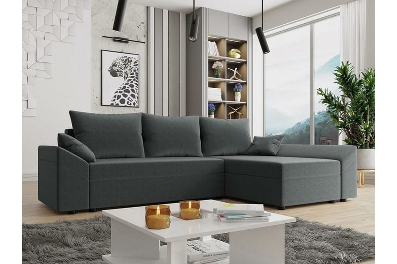Midfeld 3-sits Vänster Hörnbäddsoffa 130x200 cm med Förvaring i Tyg - Grå - Möbler - Vardagsrum - Bäddsoffor