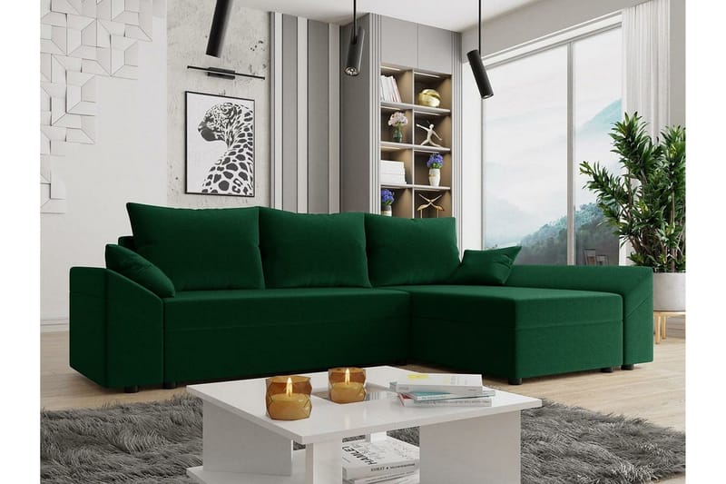 Midfeld 3-sits Vänster Hörnbäddsoffa 130x200 cm med Förvaring i Tyg - Grön - Möbler - Vardagsrum - Bäddsoffor
