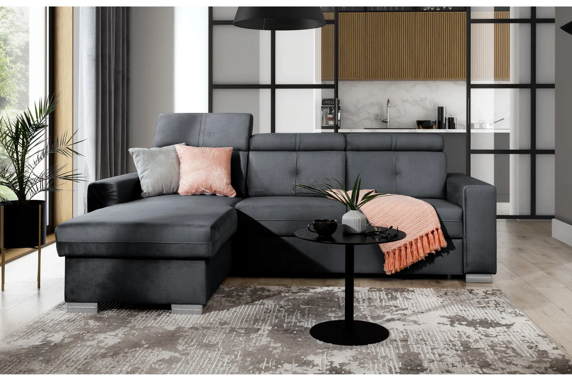 monely bäddsoffa m. divan med förvaring 3-sits mörkgrå -