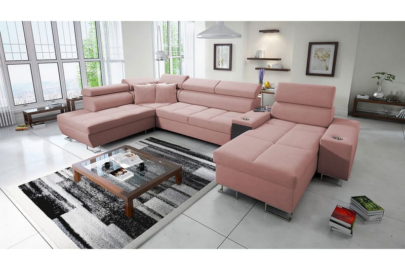 Morenia 4-sits Bäddsoffa 127x195 cm med Förvaring i Sammet - Rosa - Möbler - Vardagsrum - Bäddsoffor - U bäddsoffa