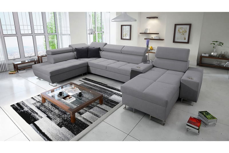 Morenia 4-sits Bäddsoffa 127x195 cm med Förvaring i Tyg - Grå - Möbler - Vardagsrum - Bäddsoffor - U bäddsoffa