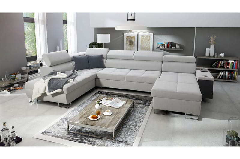 Morenia 4-sits Vänstervänd Bäddsoffa 127x284 cm med Förvaring i Sammet - Ljusgrå - Möbler - Vardagsrum - Bäddsoffor - U bäddsoffa