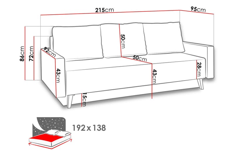 Oviedo 3-sits Bäddsoffa med Förvaring 95x215 cm i Tyg - Grå - Möbler - Vardagsrum - Bäddsoffor