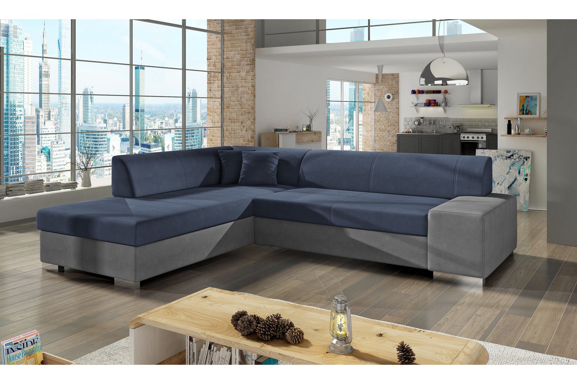 Pavones B&auml;ddsoffa med Sch&auml;slong - Bl&aring;/Gr&aring;