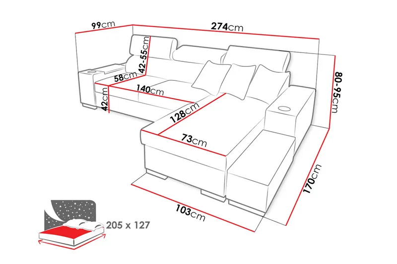 Pereso Hörnsoffa Vänster LED-belysning - Grå - Möbler - Vardagsrum - Bäddsoffor