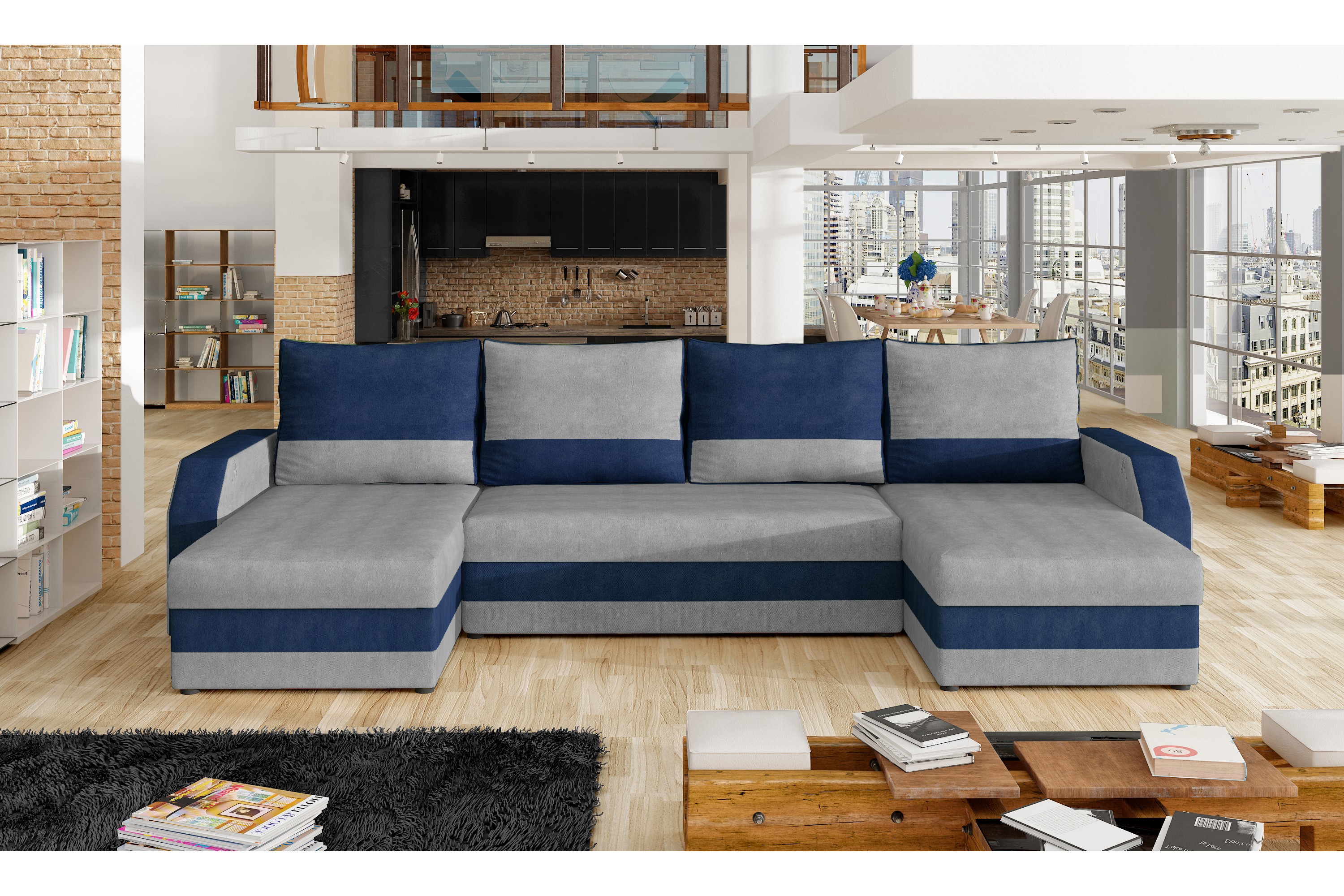 perogordo bäddsoffa med dubbeldivan grå/blå -