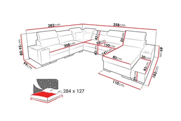 Perseo Divanbäddsoffa 358x282x95 cm LED-belysning - Grå/Vit - Möbler - Vardagsrum - Bäddsoffor - Hörnbäddsoffa