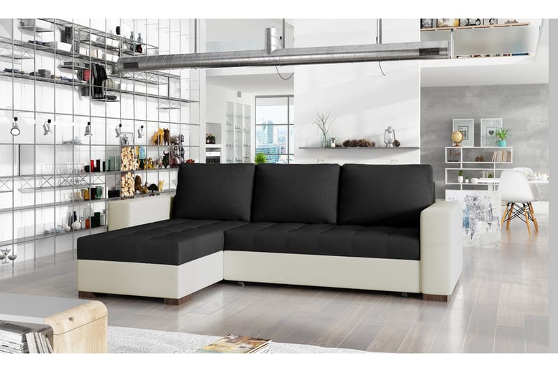 Potes 3-sits Vänster L-formad Bäddsoffa med Divan och Schäslong i Tyg och Konstläder, Beige|Svart
