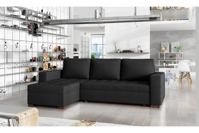 Potes 3-sits Vänster L-formad Bäddsoffa med Divan och Schäslong i Tyg, Svart