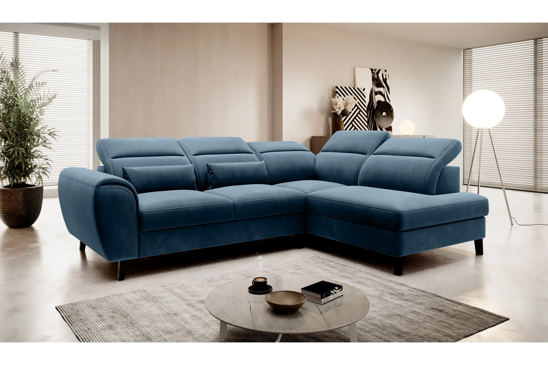 praston bäddsoffa m. schäslong 3-sits mörkblå -