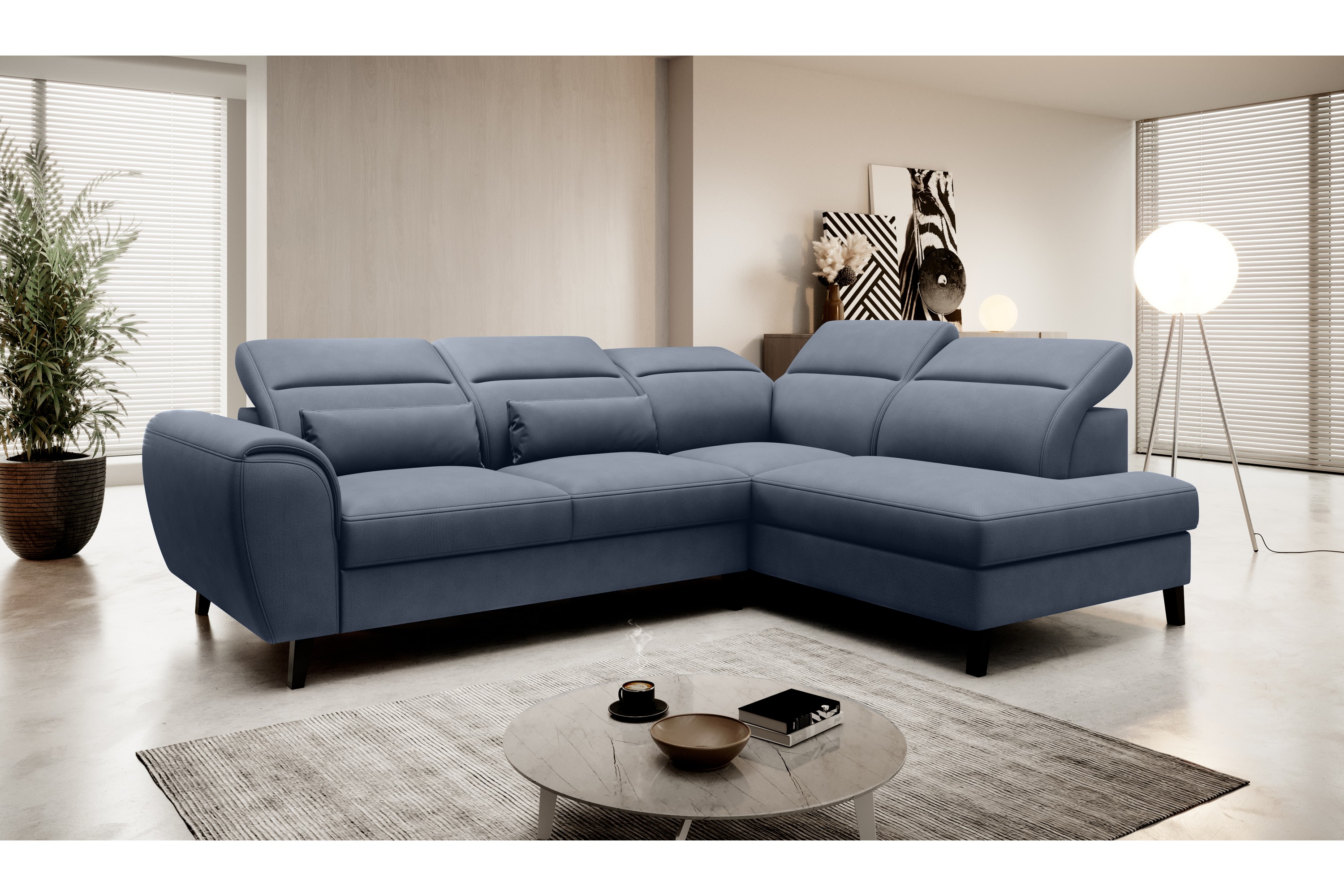 praston bäddsoffa m. schäslong 3-sits mörkblå -