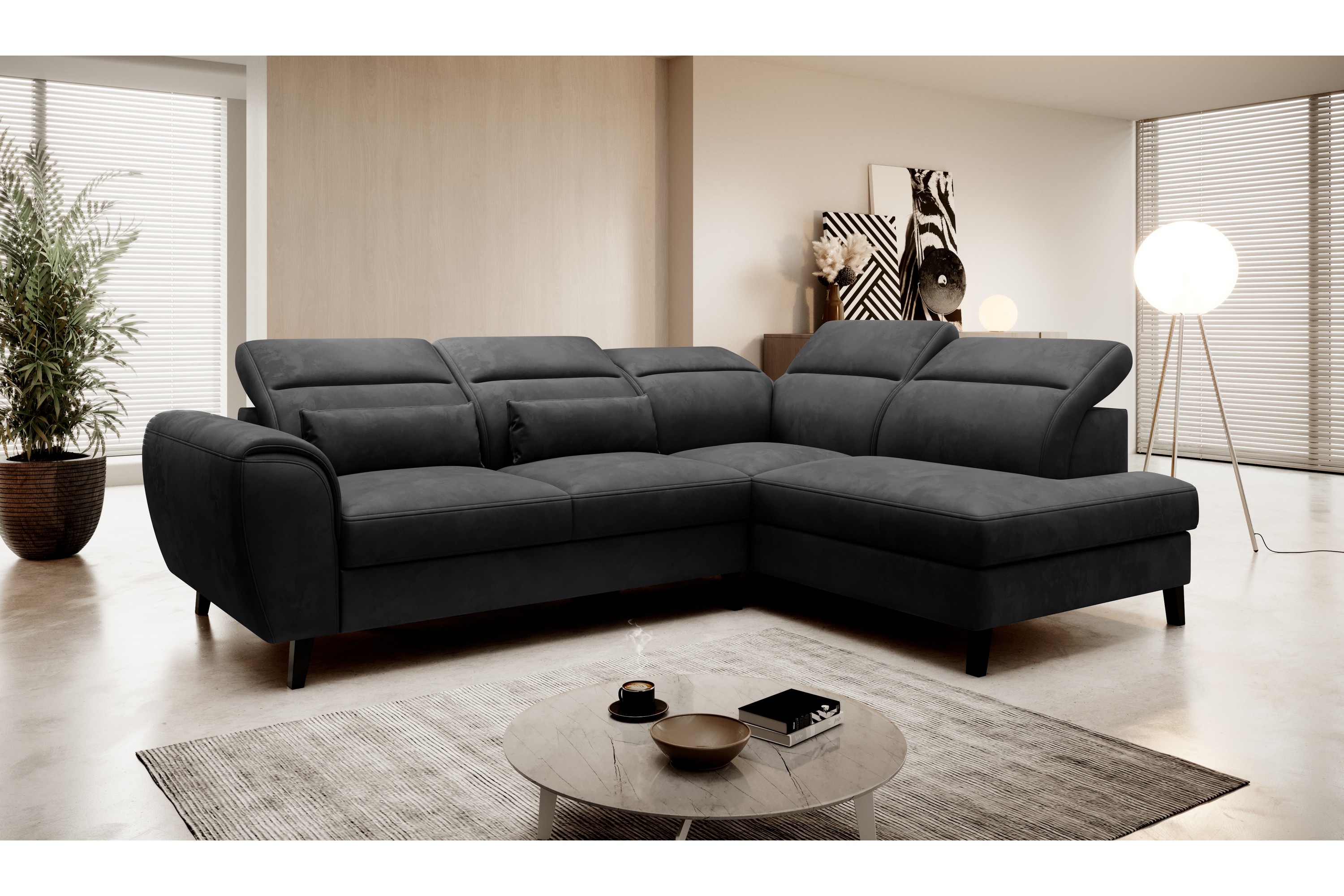 praston bäddsoffa m. schäslong 3-sits mörkgrå -