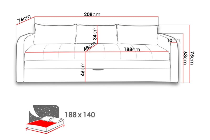 RAFAL Bäddsoffa 208x76x75 cm - Svart - Bäddsoffor - 3-sits bäddsoffa