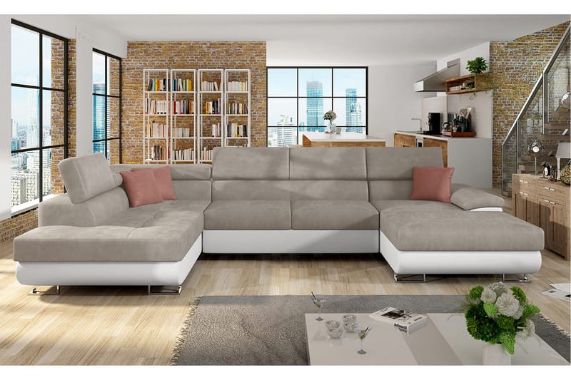 RAMERO Bäddsoffa m. Divan och Schäslong Förvaring 4-sits Bei - Möbler - Vardagsrum - Bäddsoffor - U bäddsoffa