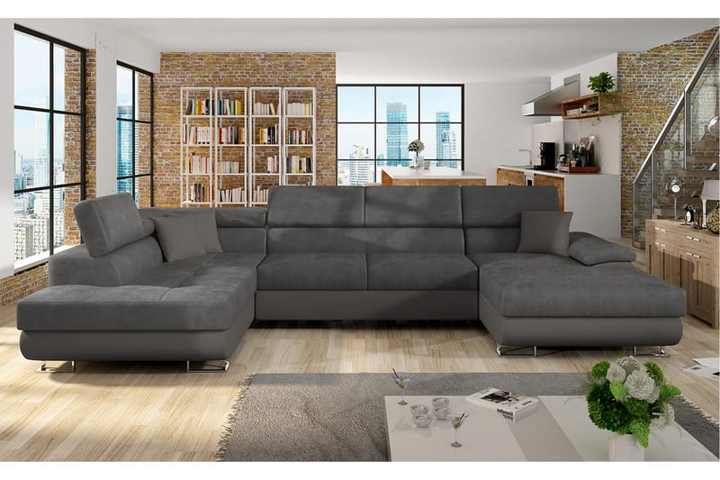 RAMERO Bäddsoffa m. Divan och Schäslong Förvaring 4-sits Grå - Möbler - Vardagsrum - Bäddsoffor - U bäddsoffa