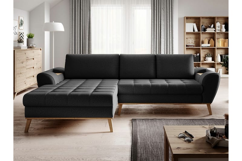 Rathkeale 3-sits Hörnbäddsoffa Svart/Trä - Möbler - Vardagsrum - Bäddsoffor - Hörnbäddsoffa