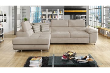 Reginia 4-sits Vänstervänd Bäddsoffa 125x195 cm med Förvaring i Sammet - Beige - Möbler - Vardagsrum - Bäddsoffor