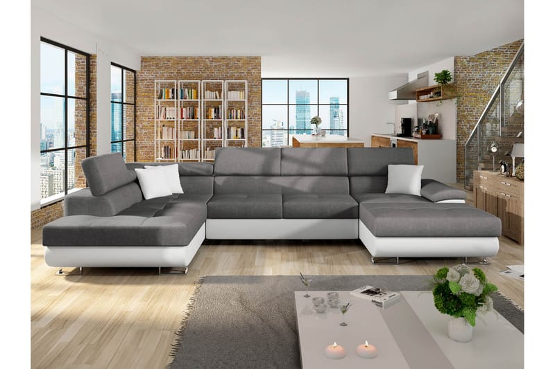 Reginia Bäddsoffa med Divan och Schäslong 4-sits i Konstläder - Vit/Grå - Möbler - Vardagsrum - Bäddsoffor - U bäddsoffa