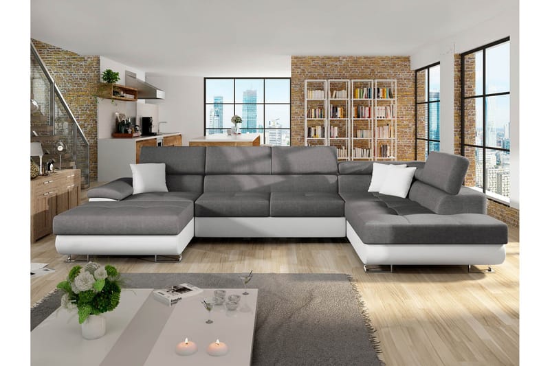 Reginia Bäddsoffa med Divan och Schäslong 4-sits i Konstläder - Vit/Grå - Möbler - Vardagsrum - Bäddsoffor - U bäddsoffa