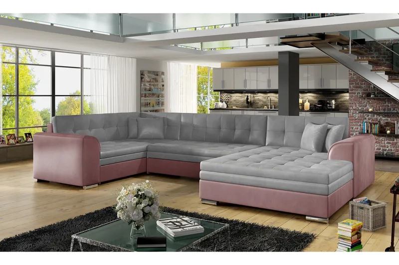 Rineta Bäddsoffa med Dubbeldivan - Grå/Rosa - Möbler - Vardagsrum - Bäddsoffor - U bäddsoffa