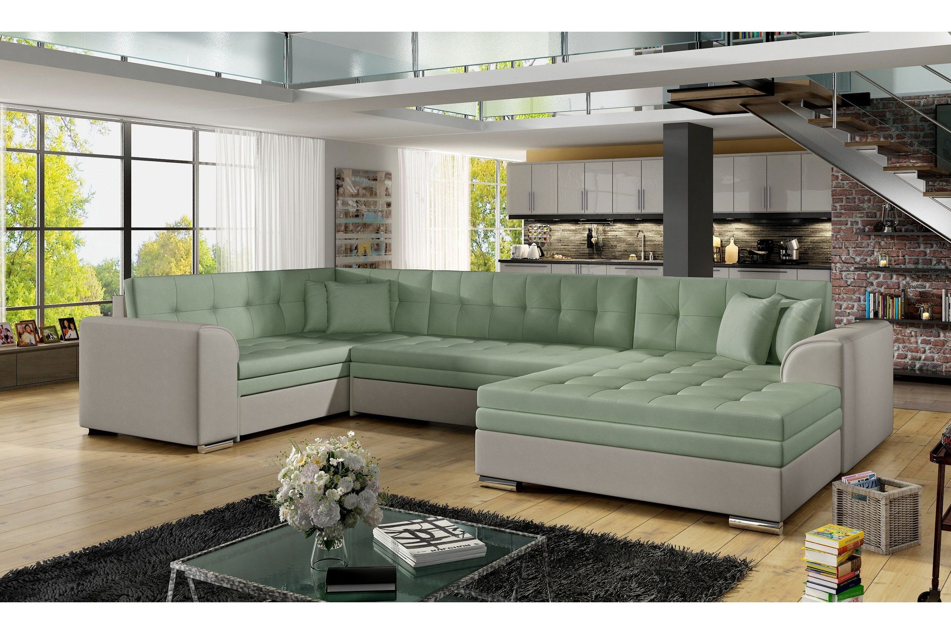 Rineta B&auml;ddsoffa med Dubbeldivan - Gr&ouml;n/Gr&aring;