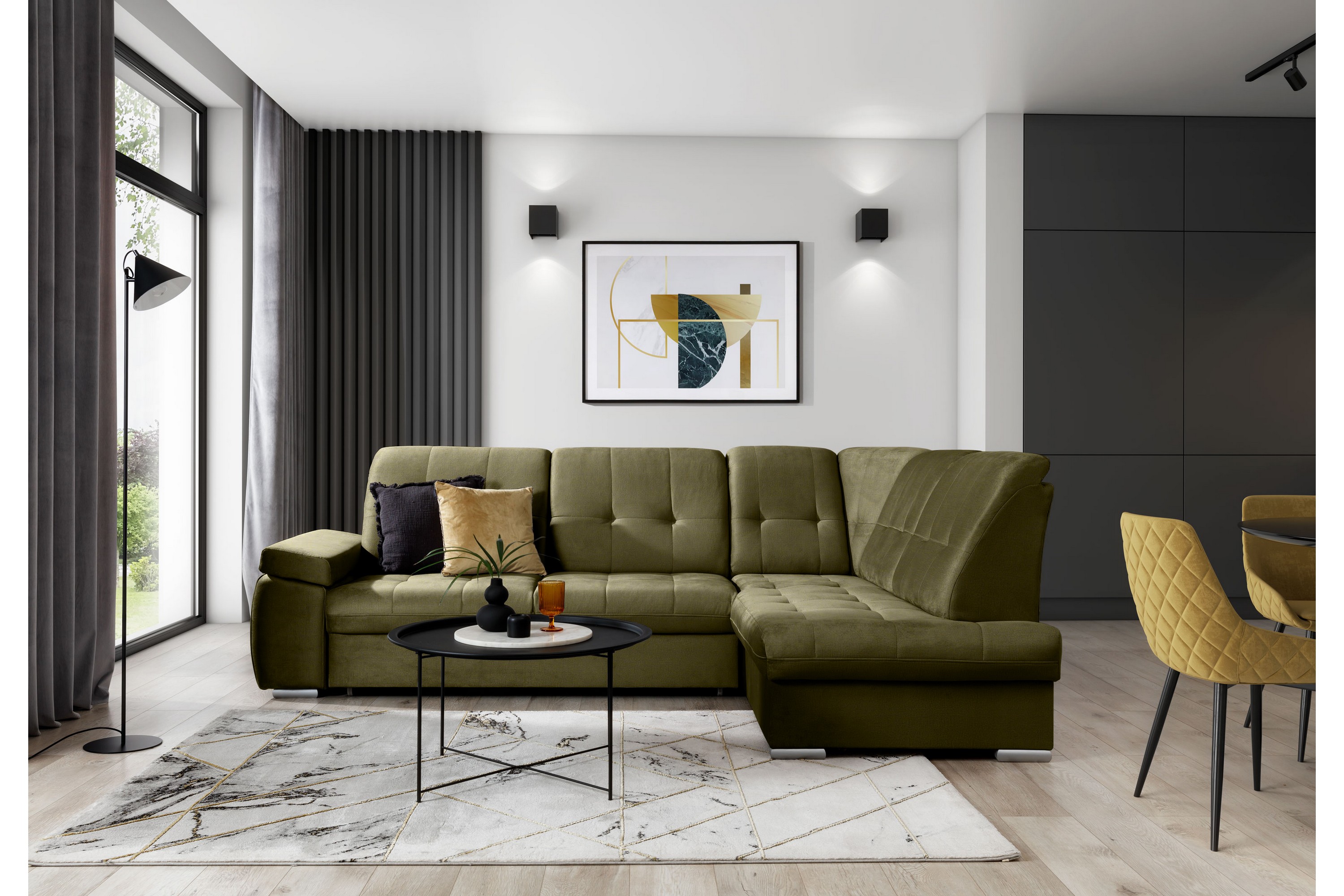 sachary bäddsoffa m. schäslong 3-sits grön -