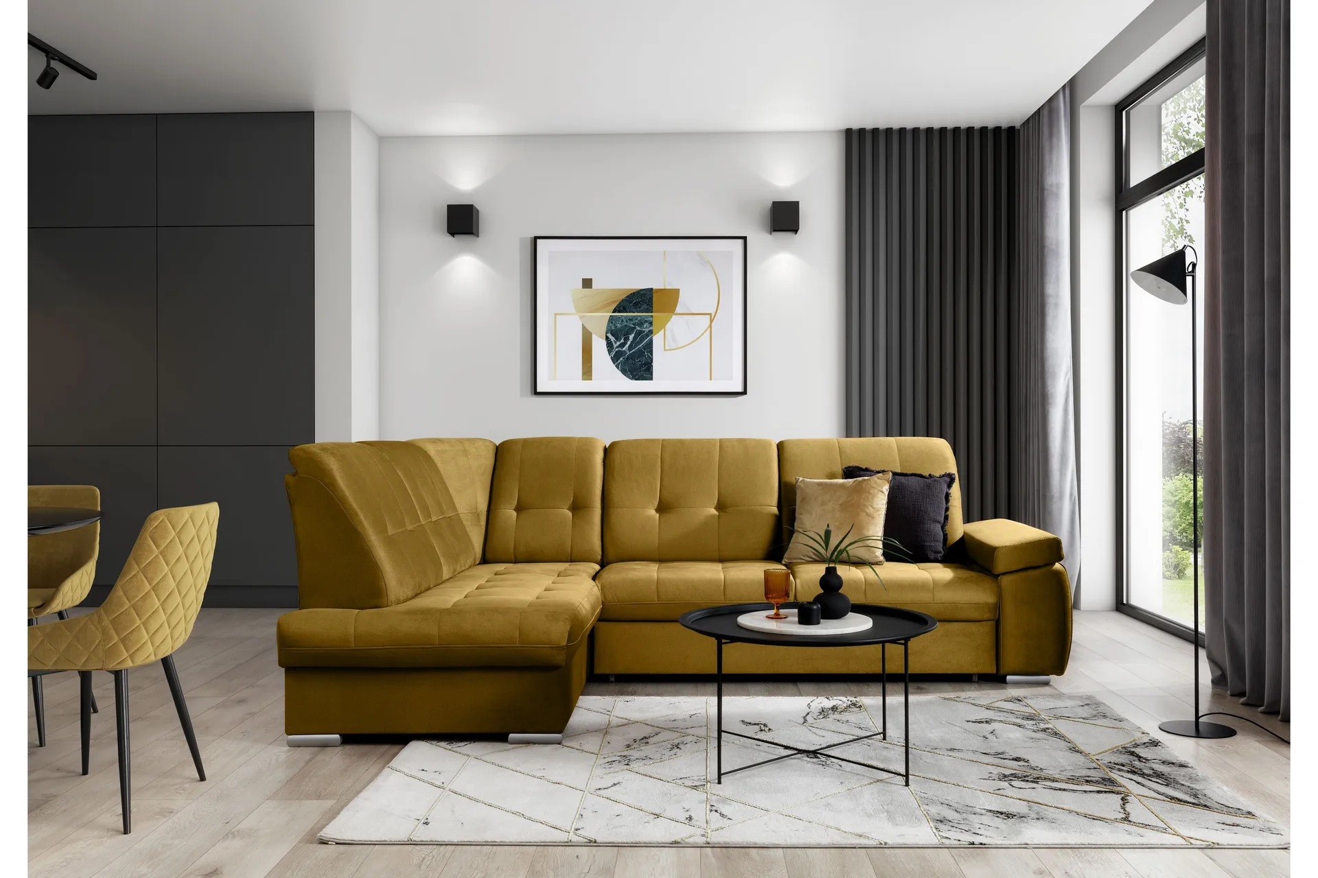 sachary bäddsoffa m. schäslong 3-sits gul -