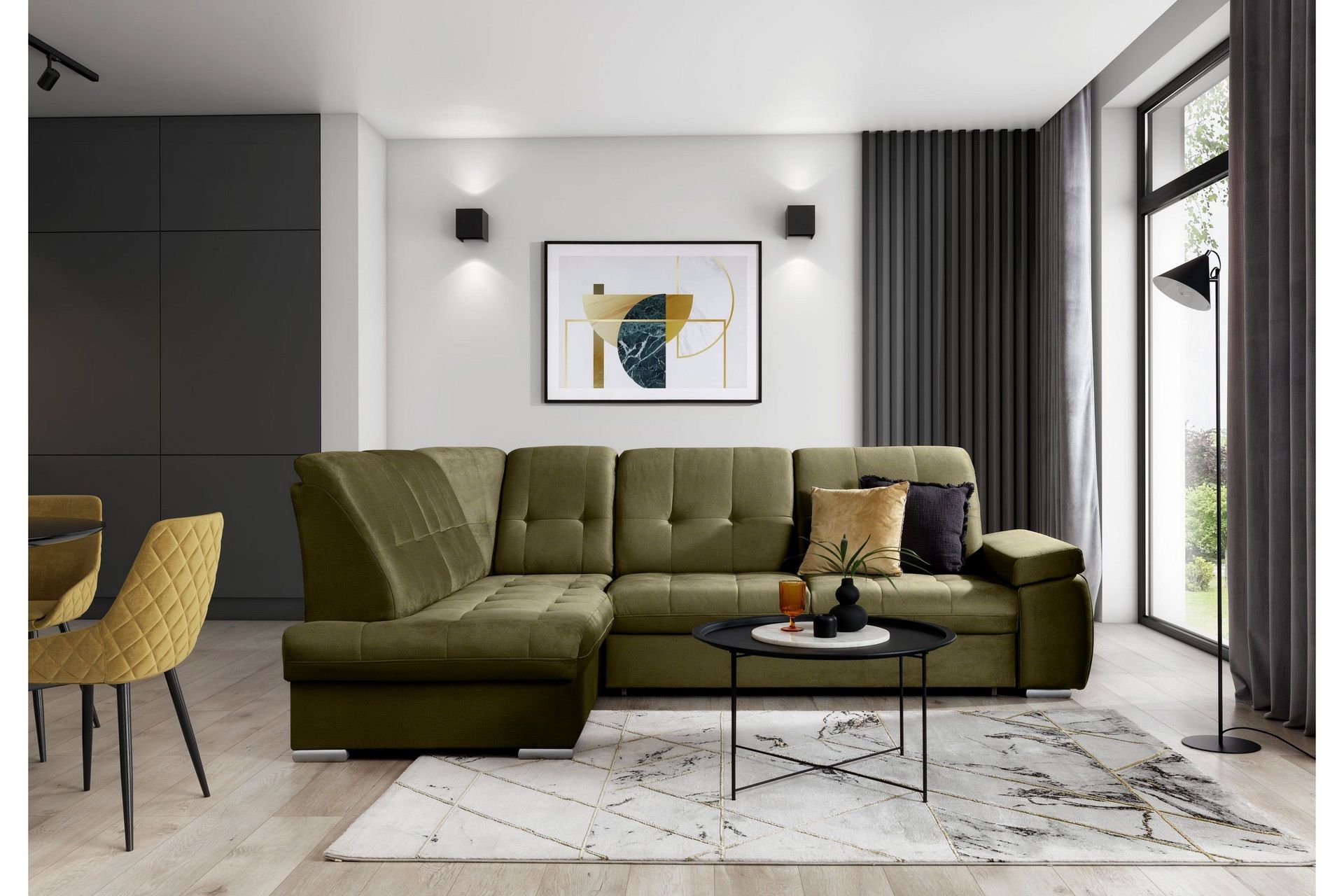 Sajana B&auml;ddsoffa m. Sch&auml;slong 3-sits - Gr&ouml;n