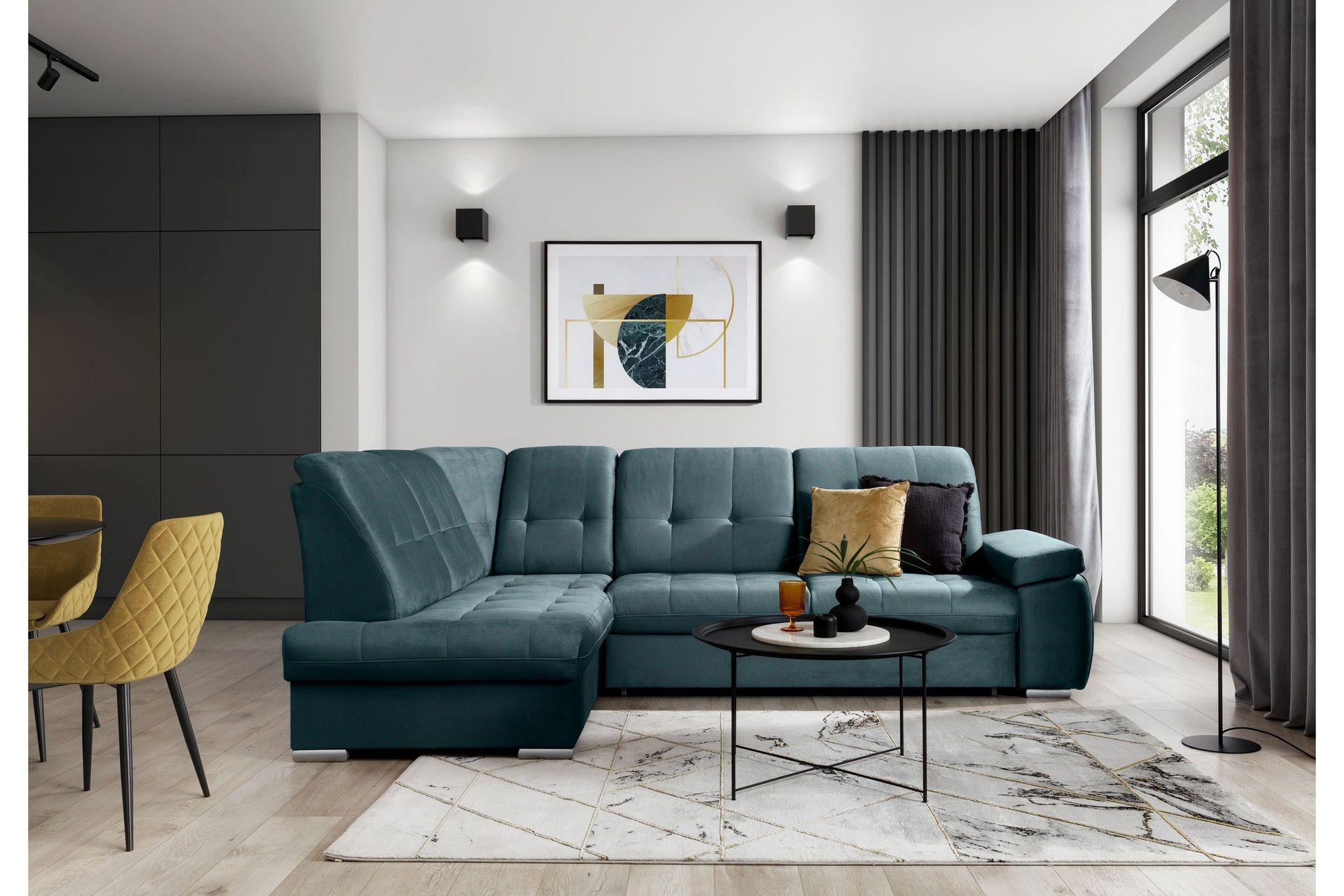 Sajana B&auml;ddsoffa m. Sch&auml;slong 3-sits - M&ouml;rkgr&ouml;n