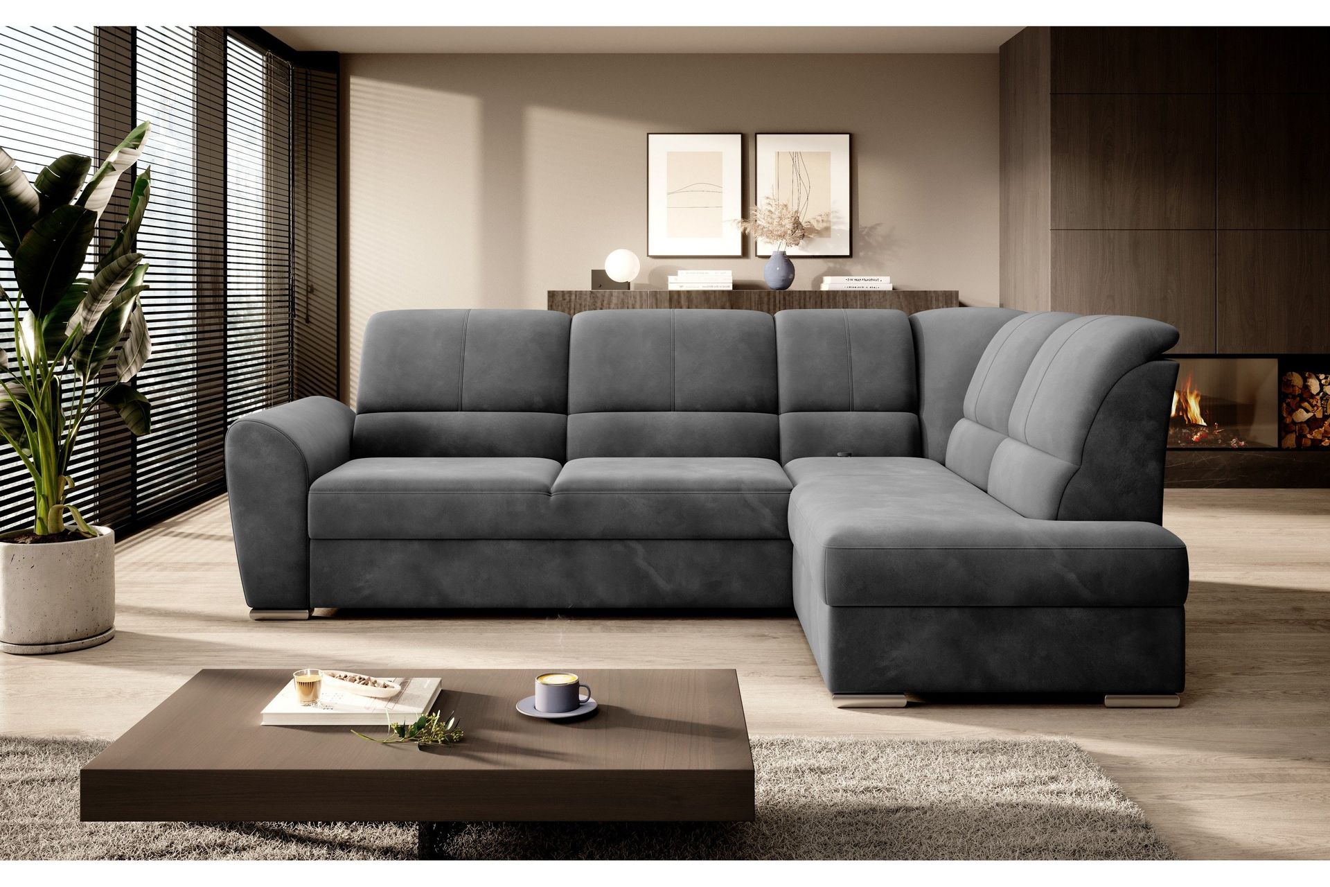 Sajmon B&auml;ddsoffa m. Sch&auml;slong 3-sits - M&ouml;rkgr&aring;