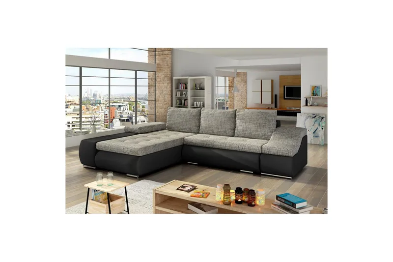 Sektionssoffa Eltap Ontario 295x200x82 cm - Berlin 01, Soft 11, Grå, Svart, Vänster - Möbler - Vardagsrum - Bäddsoffor