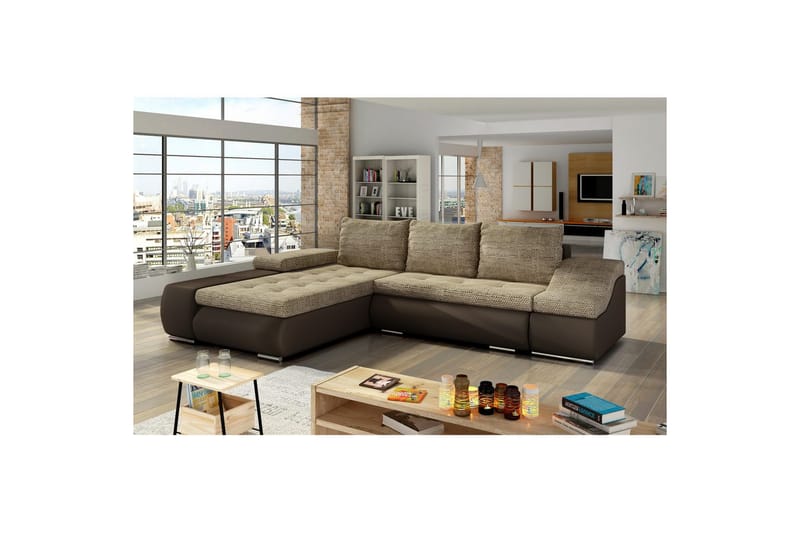 Sektionssoffa Eltap Ontario 295x200x82 cm - Berlin 03, Soft 66, Beige, Mörkbrun, Vänster - Möbler - Vardagsrum - Bäddsoffor