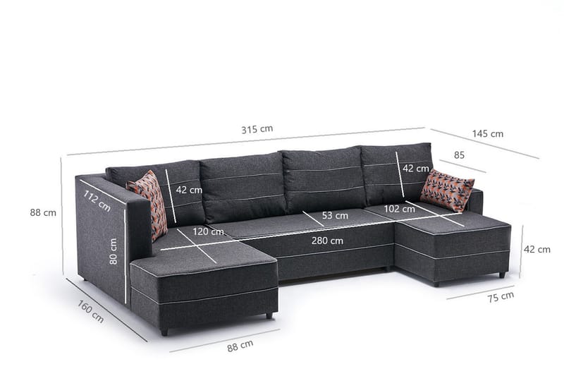 Snowdon Bäddsoffa m. Divan 4-sits 200x150 Antracit - Möbler - Vardagsrum - Bäddsoffor