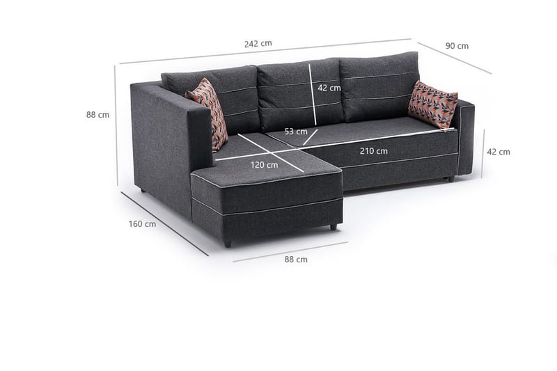 Snowdon Bäddsoffa m. Divan 4-sits 200x150 Antracit - Bäddsoffor - Bäddsoffa divan