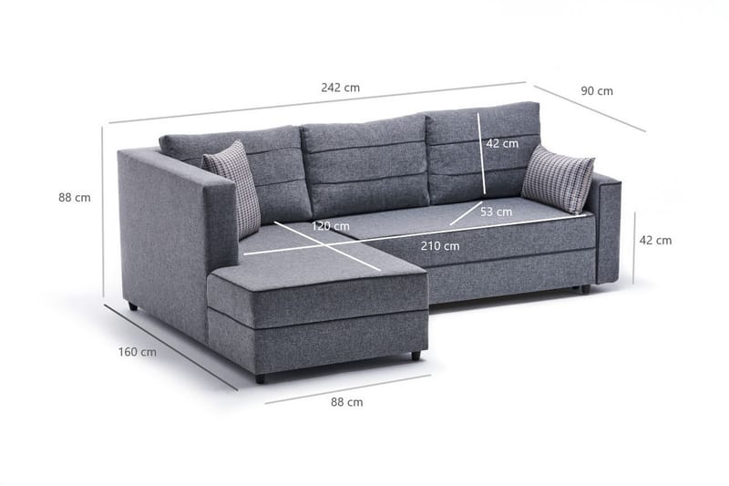 Snowdon Bäddsoffa m. Divan 4-sits 200x150 Grå - Bäddsoffor - Bäddsoffa divan