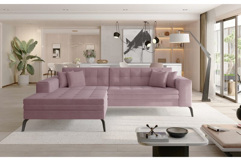 Solangis 3-sits Vänster L-formad Bäddsoffa med Divan i Tyg, Rosa