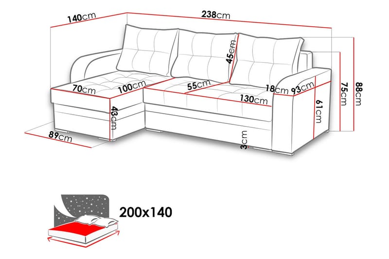 Sydney Divanbäddsoffa 238x140x88 cm LED-belysning - Grå - Möbler - Vardagsrum - Bäddsoffor
