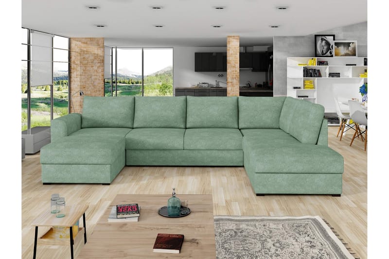 Taberk Bäddsoffa med Divan och Schäslong 4-sits i Bouclé - Grön - Möbler - Vardagsrum - Bäddsoffor - U bäddsoffa