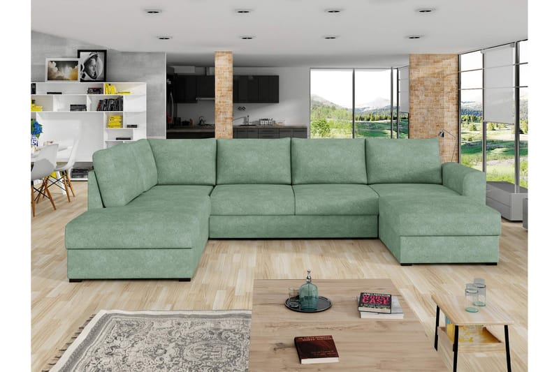 Taberk Bäddsoffa med Divan och Schäslong 4-sits i Bouclé - Grön - Möbler - Vardagsrum - Bäddsoffor - U bäddsoffa